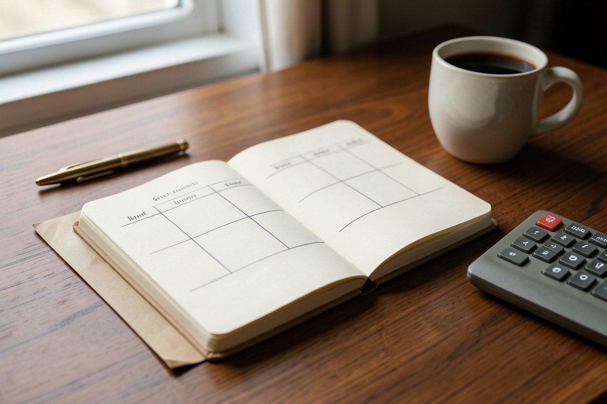 Cuaderno y calculadora para organizar un presupuesto